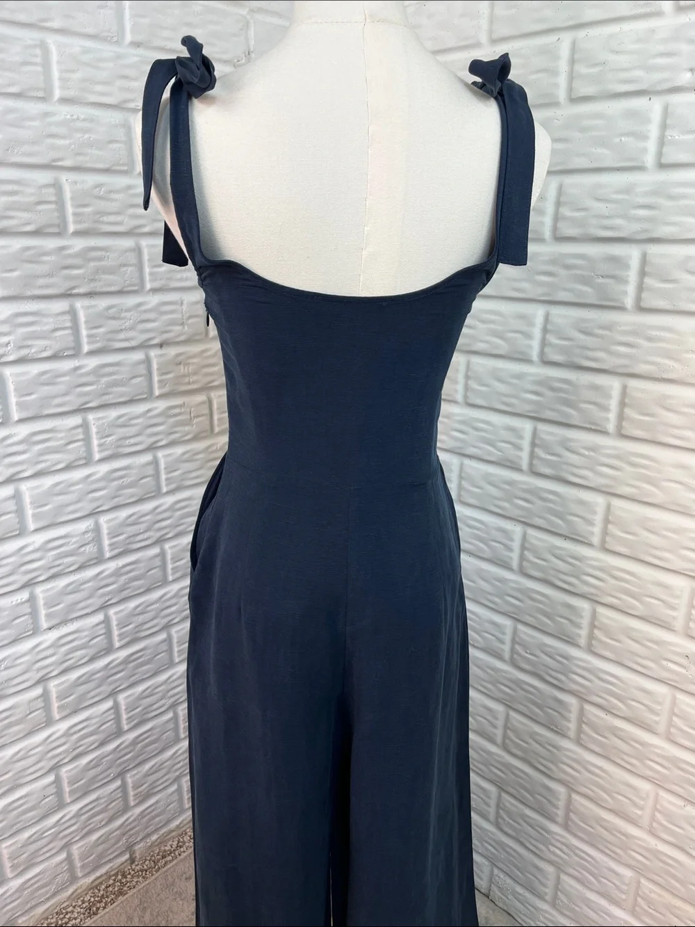 ZARA TRF COLLECTION NAVY BLUE WIDE LEG JUMPSUIT TIE SHOULDER LINEN RAYON SZ XS